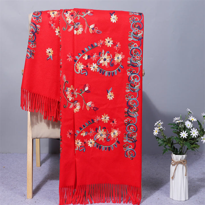 Buddha Stones Polyester Shawl Colorful Flower Ethnic Style Embroidery Tassel Winter Cozy Travel Scarf Wrap