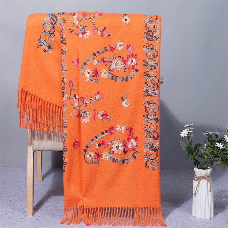 Buddha Stones Polyester Shawl Colorful Flower Ethnic Style Embroidery Tassel Winter Cozy Travel Scarf Wrap