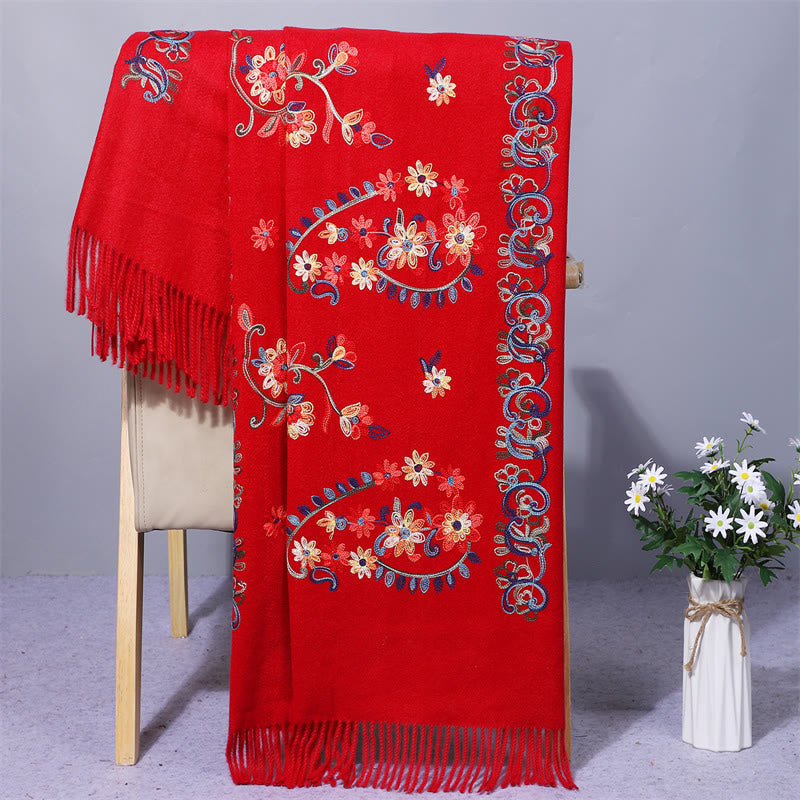 Buddha Stones Polyester Shawl Colorful Flower Ethnic Style Embroidery Tassel Winter Cozy Travel Scarf Wrap