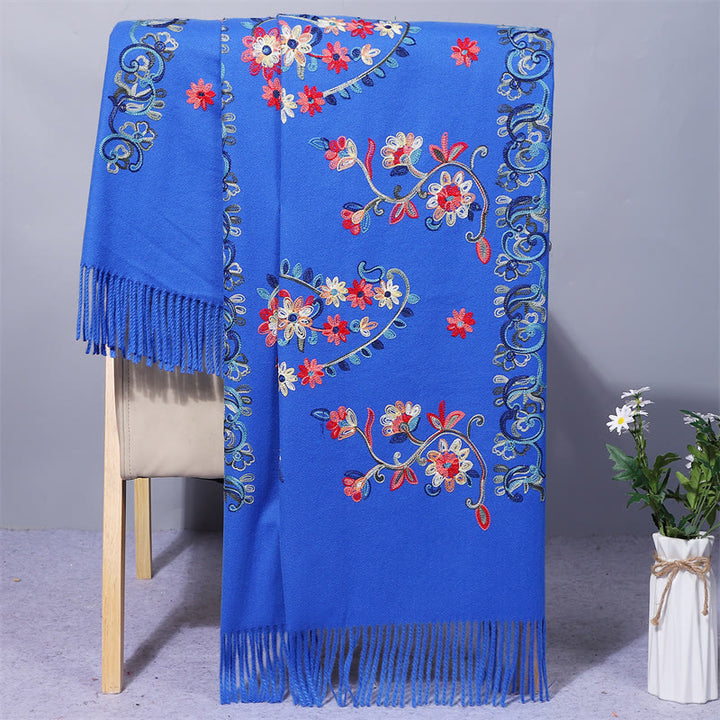 Buddha Stones Polyester Shawl Colorful Flower Ethnic Style Embroidery Tassel Winter Cozy Travel Scarf Wrap