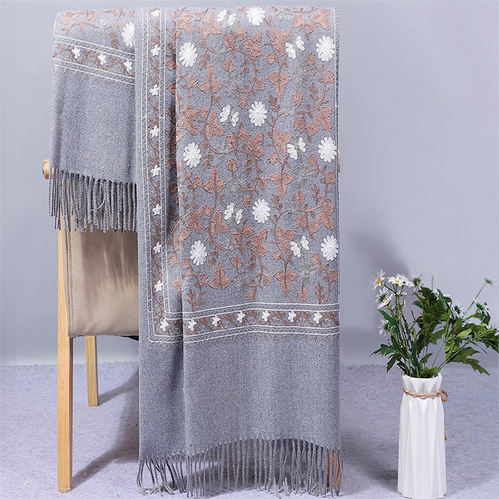 Buddha Stones Polyester Shawl Cashew Flowers Embroidery Tassel Winter Cozy Travel Scarf Wrap