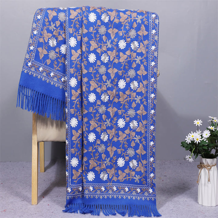 Buddha Stones Polyester Shawl Cashew Flowers Embroidery Tassel Winter Cozy Travel Scarf Wrap - RoyalBlue - 200*70cm - image 11