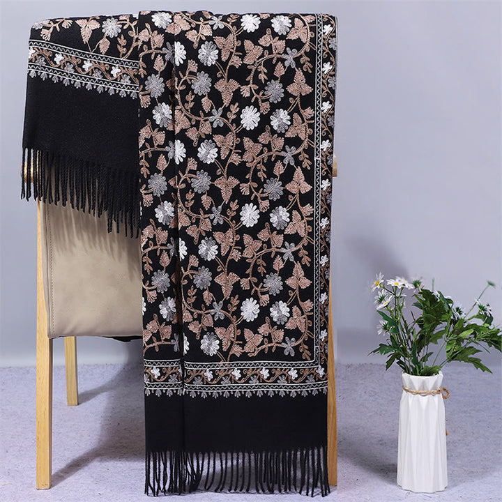 Buddha Stones Polyester Shawl Cashew Flowers Embroidery Tassel Winter Cozy Travel Scarf Wrap - Black - 200*70cm - image 5