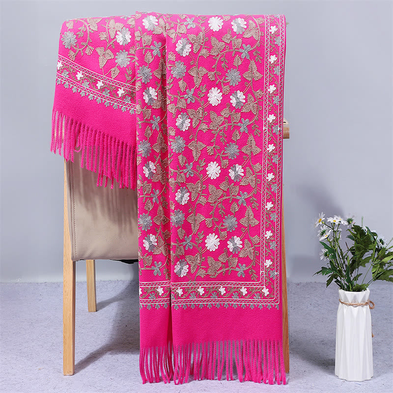 Buddha Stones Polyester Shawl Cashew Flowers Embroidery Tassel Winter Cozy Travel Scarf Wrap - DeepPink - 200*70cm - image 9
