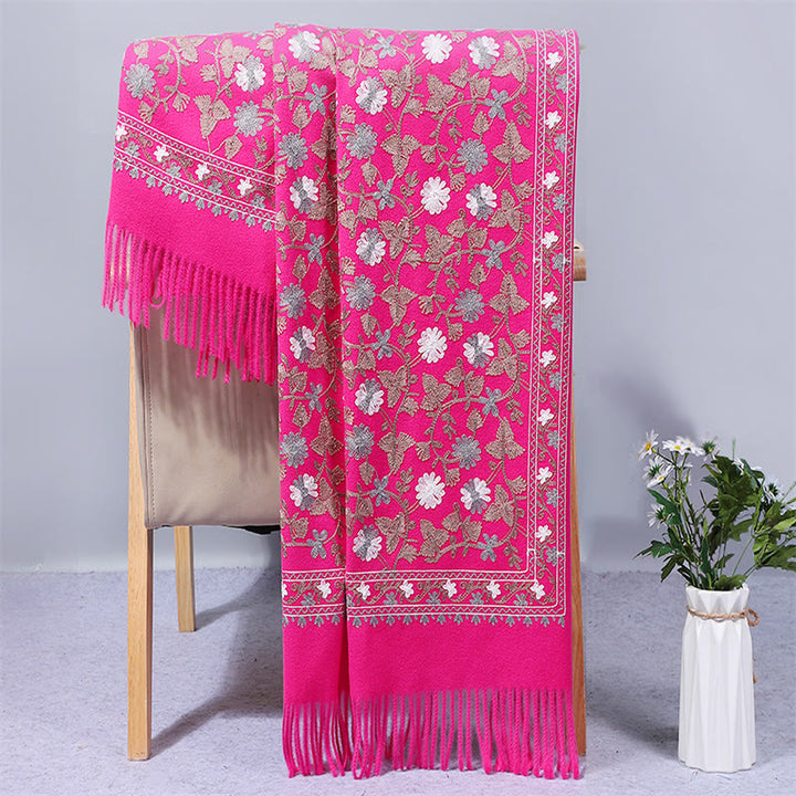 Buddha Stones Polyester Shawl Cashew Flowers Embroidery Tassel Winter Cozy Travel Scarf Wrap - DeepPink - 200*70cm - image 9