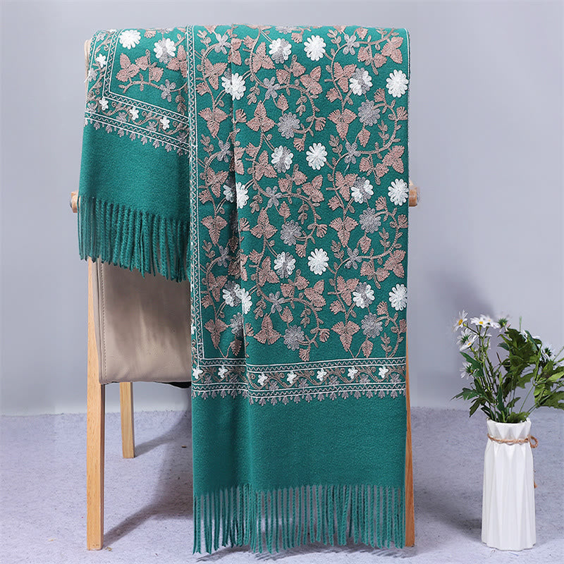 Buddha Stones Polyester Shawl Cashew Flowers Embroidery Tassel Winter Cozy Travel Scarf Wrap - DarkCyan - 200*70cm - image 13