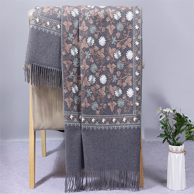 Buddha Stones Polyester Shawl Cashew Flowers Embroidery Tassel Winter Cozy Travel Scarf Wrap