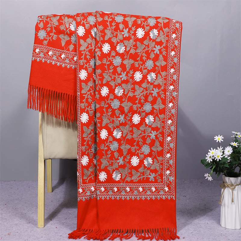 Buddha Stones Polyester Shawl Cashew Flowers Embroidery Tassel Winter Cozy Travel Scarf Wrap - OrangeRed - 200*70cm - image 10