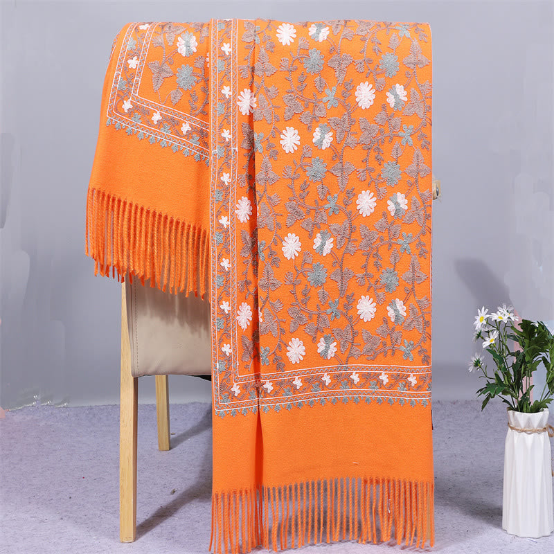 Buddha Stones Polyester Shawl Cashew Flowers Embroidery Tassel Winter Cozy Travel Scarf Wrap - Orange - 200*70cm - image 7