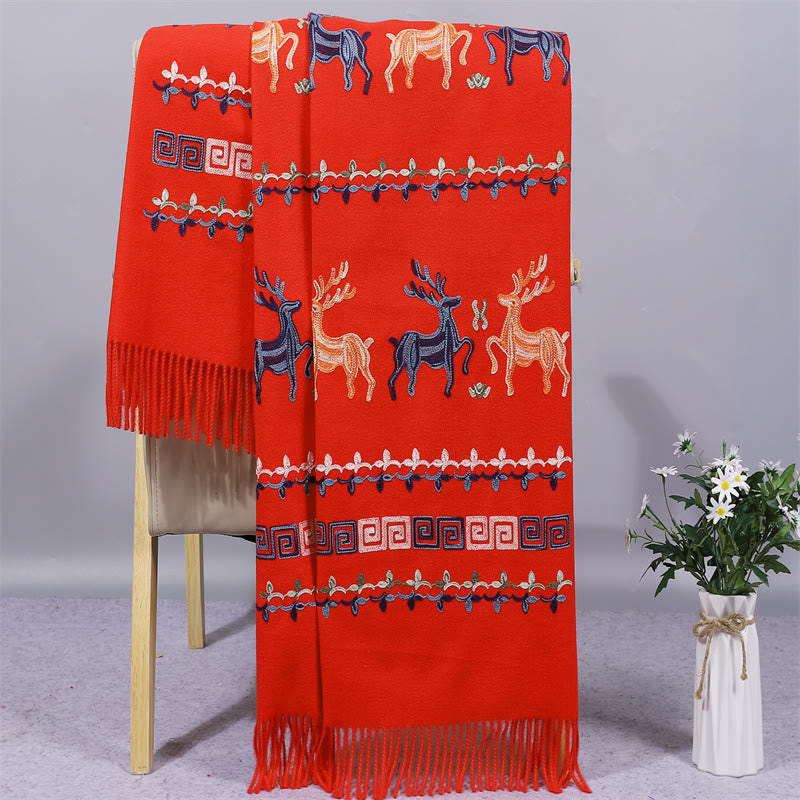 Buddha Stones Rayon Fabric Shawl Sika Deer Embroidery Tassel Winter Cozy Travel Scarf Wrap