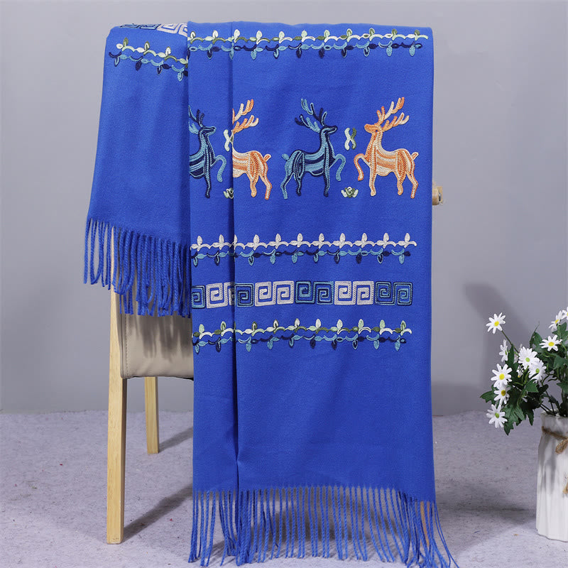 Buddha Stones Rayon Fabric Shawl Sika Deer Embroidery Tassel Winter Cozy Travel Scarf Wrap