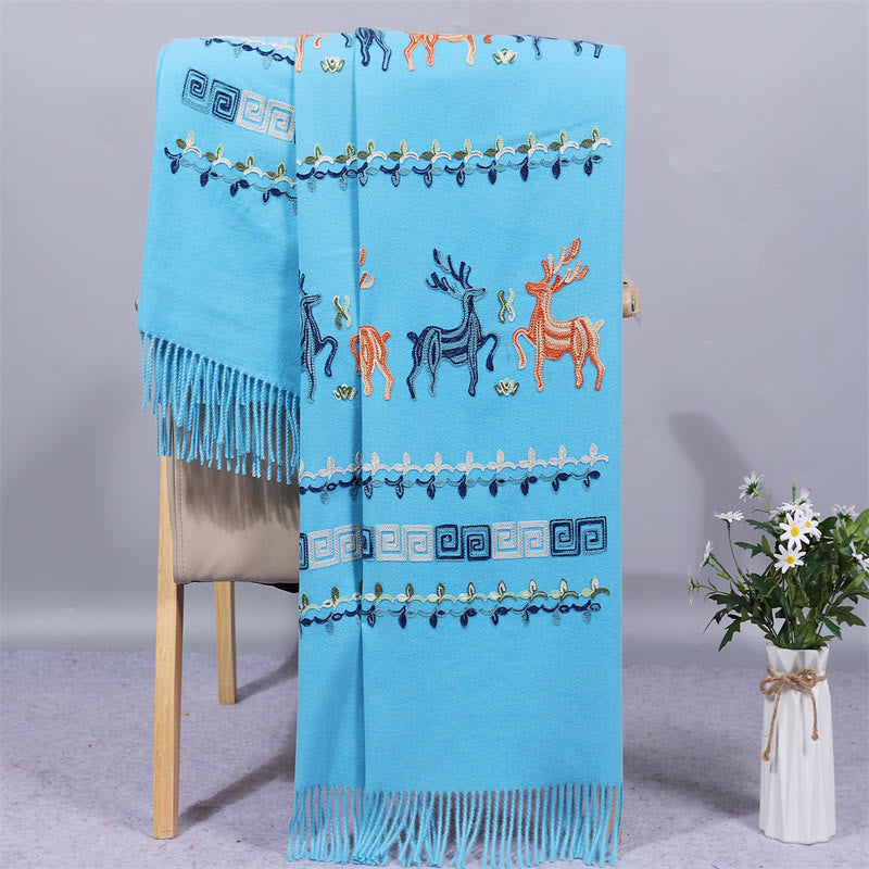 Buddha Stones Rayon Fabric Shawl Sika Deer Embroidery Tassel Winter Cozy Travel Scarf Wrap