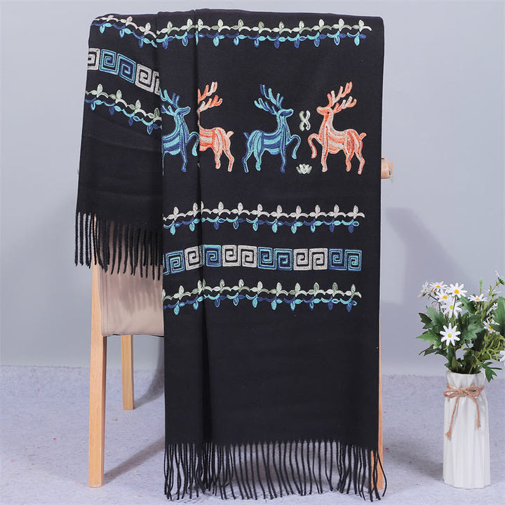 Buddha Stones Rayon Fabric Shawl Sika Deer Embroidery Tassel Winter Cozy Travel Scarf Wrap