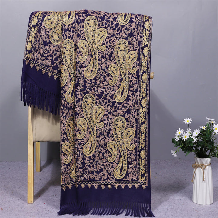 Buddha Stones Rayon Fabric Shawl Golden Cashew Flowers Embroidery Tassel Winter Cozy Travel Scarf Wrap - MidnightBlue - 200*70cm - image 4