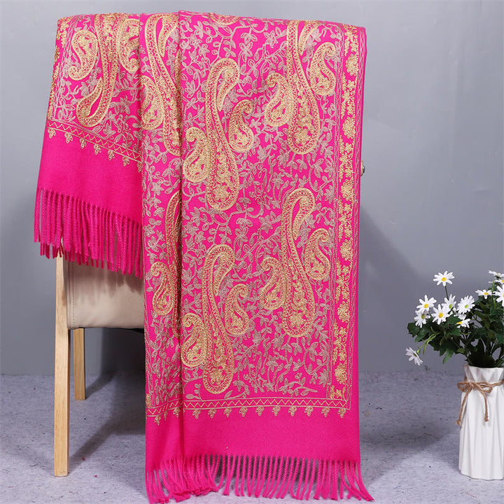 Buddha Stones Rayon Fabric Shawl Golden Cashew Flowers Embroidery Tassel Winter Cozy Travel Scarf Wrap