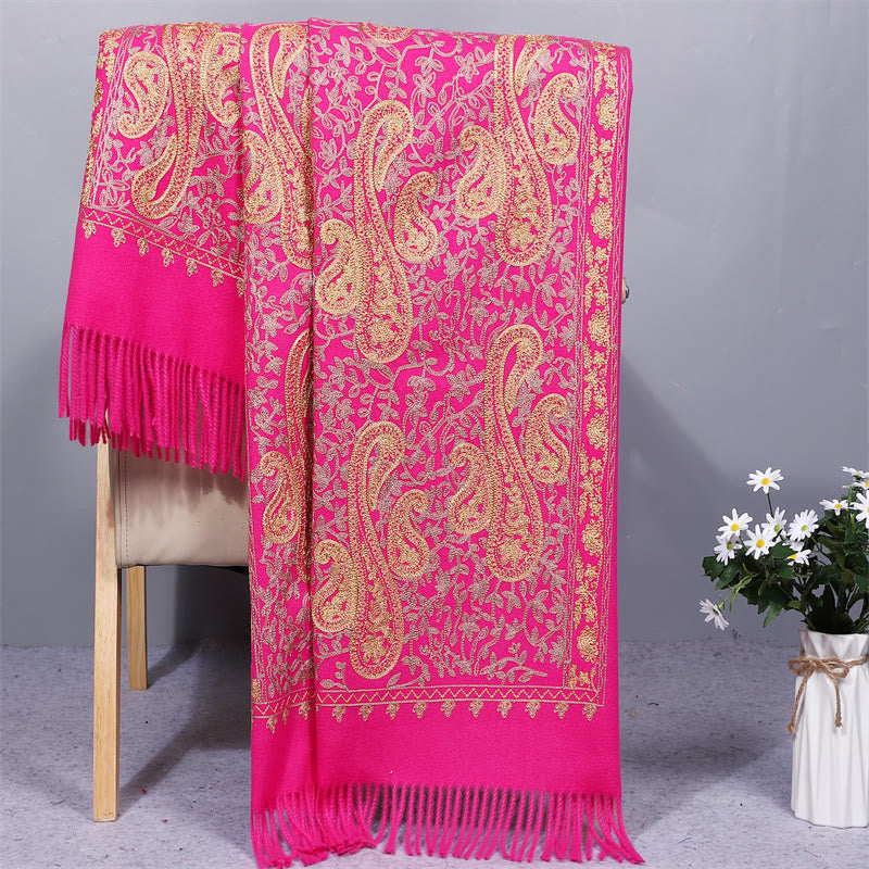 Buddha Stones Rayon Fabric Shawl Golden Cashew Flowers Embroidery Tassel Winter Cozy Travel Scarf Wrap - DeepPink - 200*70cm - image 10