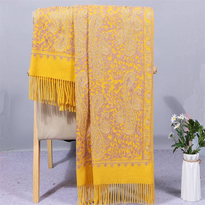Buddha Stones Rayon Fabric Shawl Golden Cashew Flowers Embroidery Tassel Winter Cozy Travel Scarf Wrap - Gold - 200*70cm - image 2