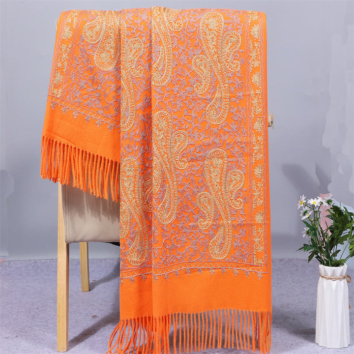 Buddha Stones Rayon Fabric Shawl Golden Cashew Flowers Embroidery Tassel Winter Cozy Travel Scarf Wrap