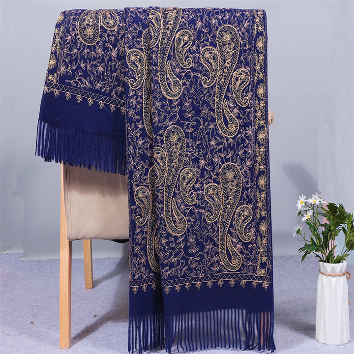 Buddha Stones Rayon Fabric Shawl Golden Cashew Flowers Embroidery Tassel Winter Cozy Travel Scarf Wrap - Navy - 200*70cm - image 5