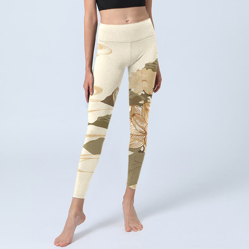 Buddha Stones Beige Lotus Flower Print Gym Fitness Leggings Women's Yoga Pants - image 5