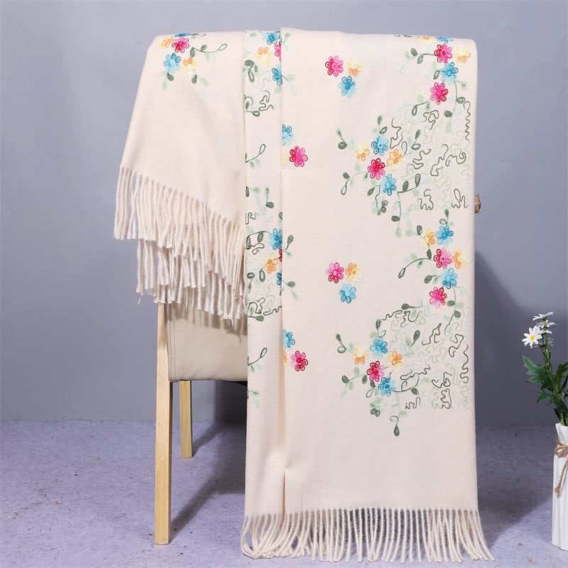 Buddha Stones Rayon Fabric Shawl Colorful Small Flowers Embroidery Tassel Winter Cozy Travel Scarf Wrap