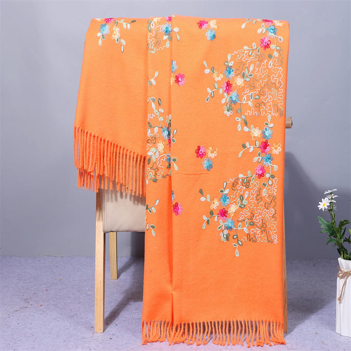 Buddha Stones Rayon Fabric Shawl Colorful Small Flowers Embroidery Tassel Winter Cozy Travel Scarf Wrap