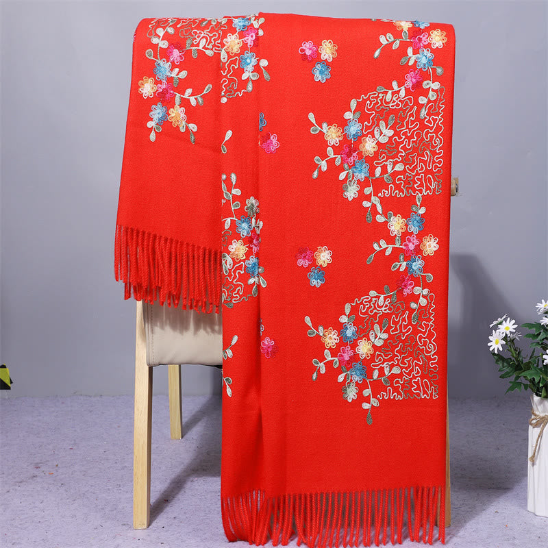 Buddha Stones Rayon Fabric Shawl Colorful Small Flowers Embroidery Tassel Winter Cozy Travel Scarf Wrap