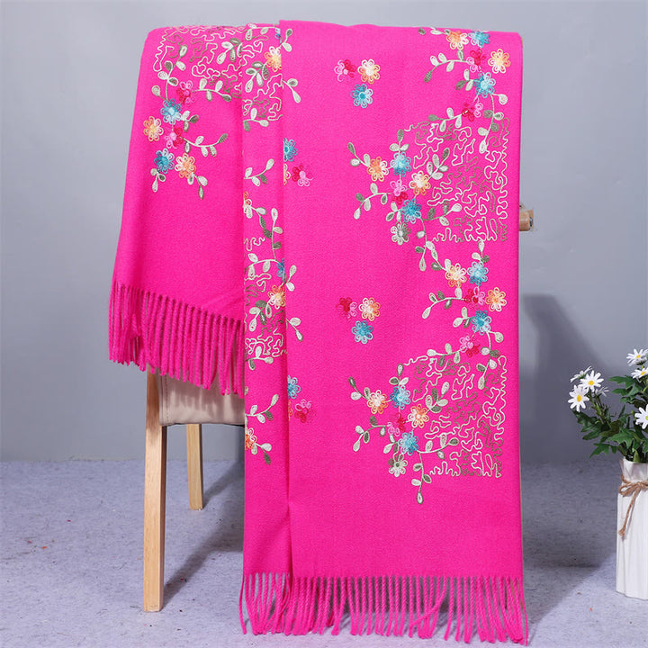 Buddha Stones Rayon Fabric Shawl Colorful Small Flowers Embroidery Tassel Winter Cozy Travel Scarf Wrap