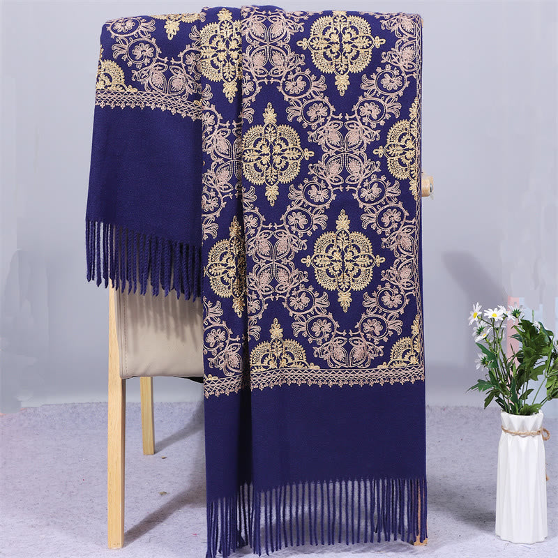 Buddha Stones Polyester Shawl Symmetry Gold Filigree Embroidery Tassel Winter Cozy Travel Scarf Wrap