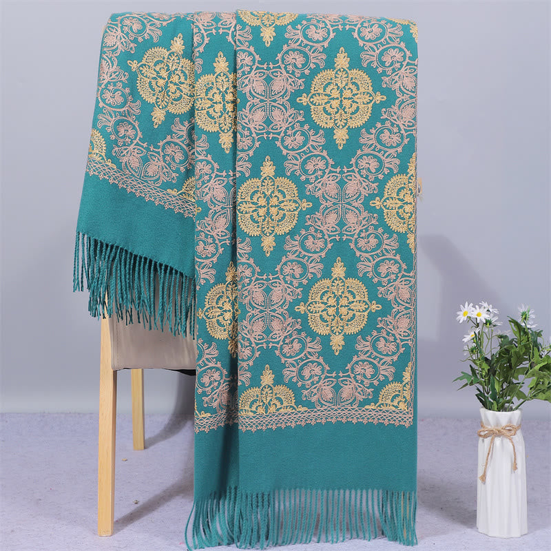 Buddha Stones Polyester Shawl Symmetry Gold Filigree Embroidery Tassel Winter Cozy Travel Scarf Wrap - DarkCyan - 200*70cm - image 0