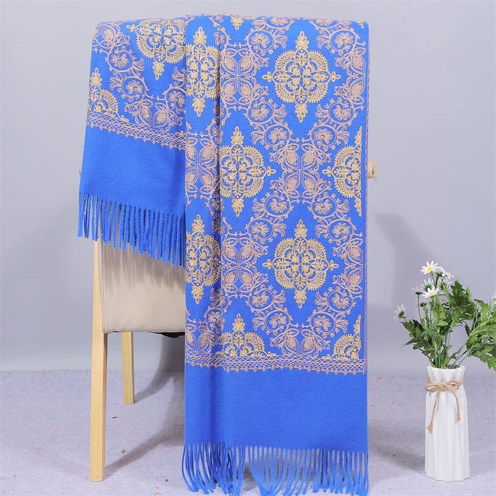 Buddha Stones Polyester Shawl Symmetry Gold Filigree Embroidery Tassel Winter Cozy Travel Scarf Wrap