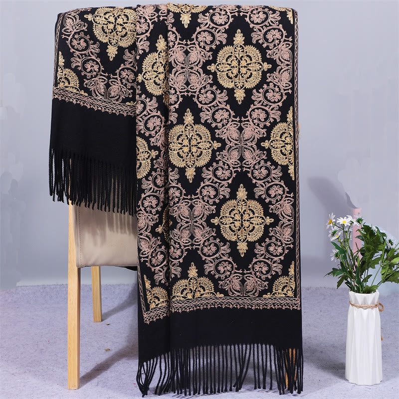 Buddha Stones Polyester Shawl Symmetry Gold Filigree Embroidery Tassel Winter Cozy Travel Scarf Wrap