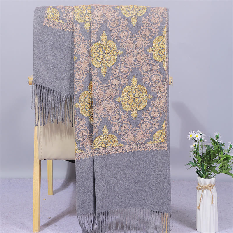 Buddha Stones Polyester Shawl Symmetry Gold Filigree Embroidery Tassel Winter Cozy Travel Scarf Wrap - DarkGray - 200*70cm - image 1