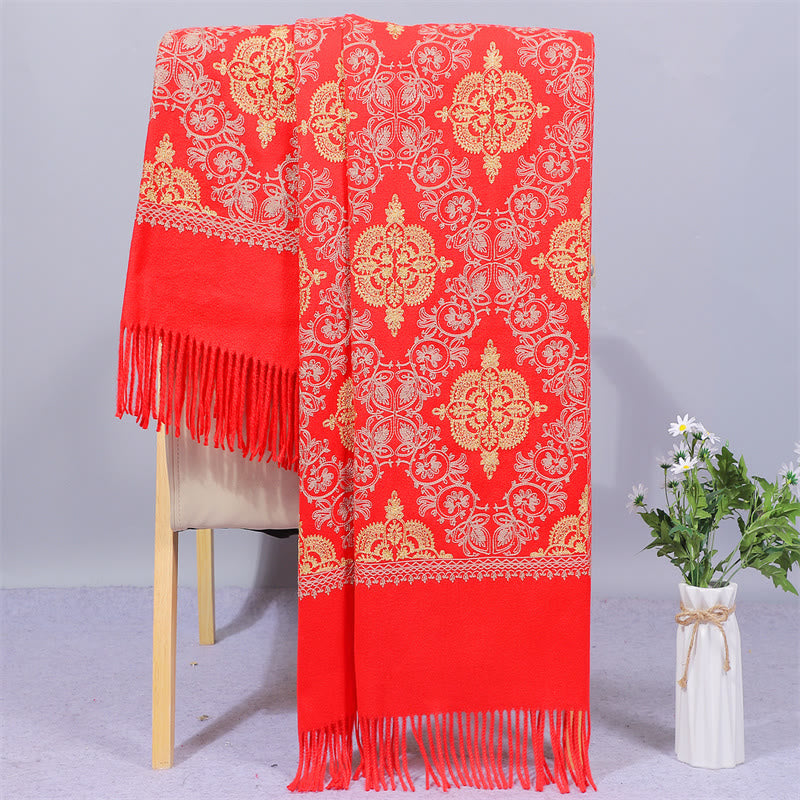 Buddha Stones Polyester Shawl Symmetry Gold Filigree Embroidery Tassel Winter Cozy Travel Scarf Wrap