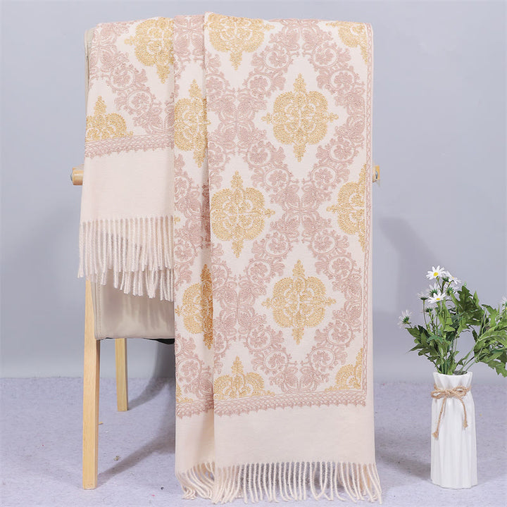 Buddha Stones Polyester Shawl Symmetry Gold Filigree Embroidery Tassel Winter Cozy Travel Scarf Wrap