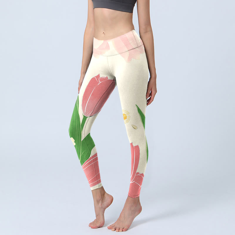 Buddha Stones Pink Tulip Flower Print Gym Fitness Leggings Women's Yoga Pants - AntiqueWhite - US18，UK/AU22，EU50 (4XL) - image 0