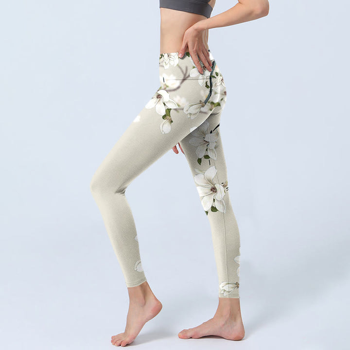 Buddha Stones White Magnolia Flower Print Sports Fitness Leggings Women's Yoga Pants