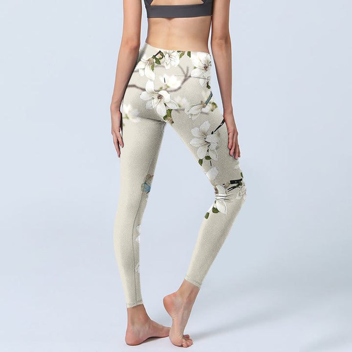 Buddha Stones White Magnolia Flower Print Sports Fitness Leggings Women's Yoga Pants