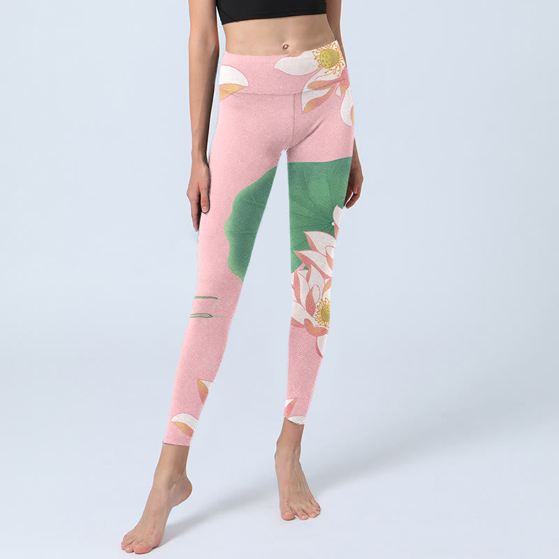 Buddha Stones Pink Lotus Flower Leaf Print Gym Fitness Leggings Women's Yoga Pants - image 6