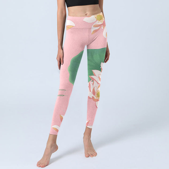 Buddha Stones Pink Lotus Flower Leaf Print Gym Fitness Leggings Women's Yoga Pants - image 5