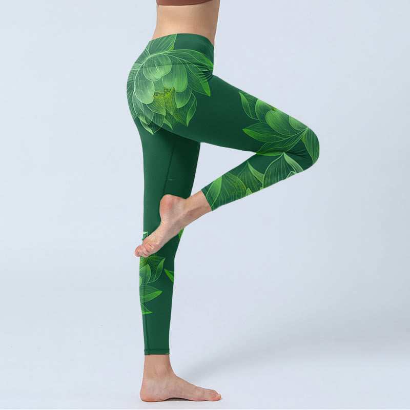 Buddha Stones Dark Green Lotus Flower Leaf Print Gym Fitness Leggings Women's Yoga Pants