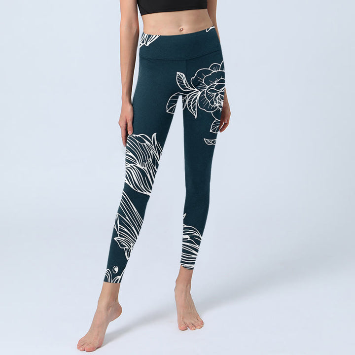 Buddha Stones Peony Epiphyllum Flowers Print Gym Fitness Leggings Women's Yoga Pants