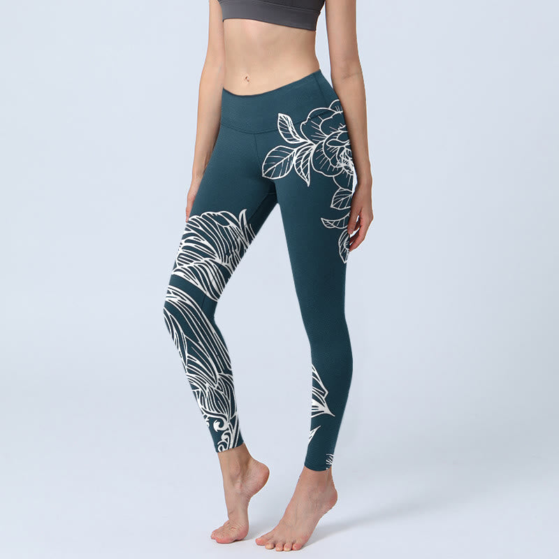 Buddha Stones Peony Epiphyllum Flowers Print Gym Fitness Leggings Women's Yoga Pants - SteelBlue - US18，UK/AU22，EU50 (4XL) - image 0