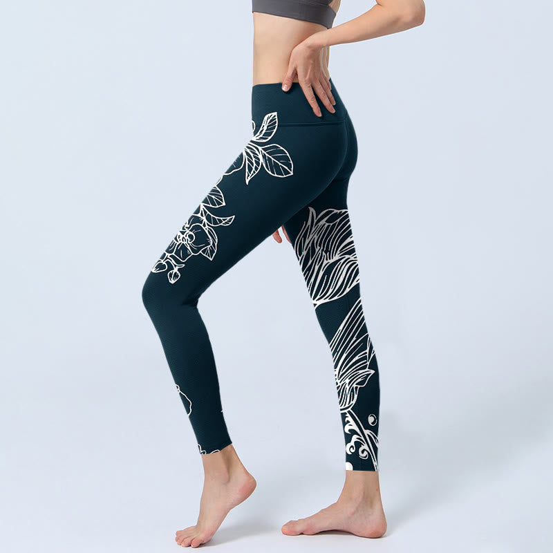 Buddha Stones Peony Epiphyllum Flowers Print Gym Fitness Leggings Women's Yoga Pants