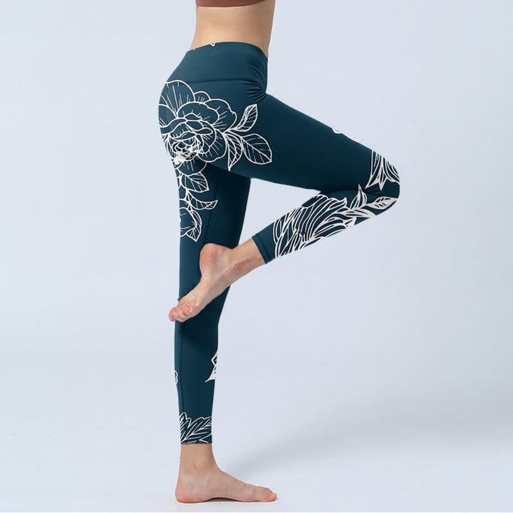 Buddha Stones Peony Epiphyllum Flowers Print Gym Fitness Leggings Women's Yoga Pants