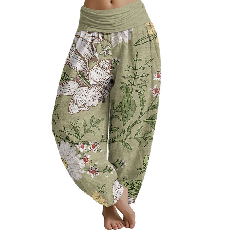 Buddha Stones Daisy White Flowers Pattern Women's Elastic Waist Harem Pants