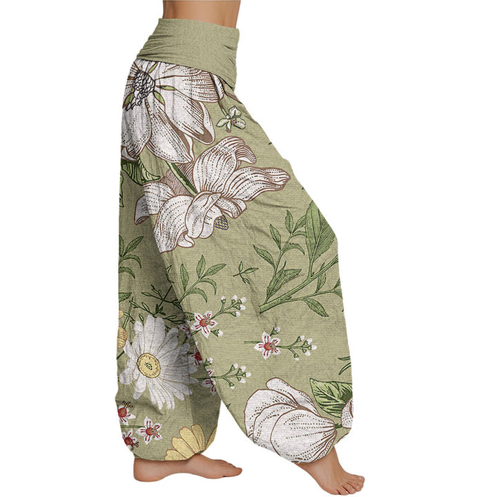 Buddha Stones Daisy White Flowers Pattern Women's Elastic Waist Harem Pants