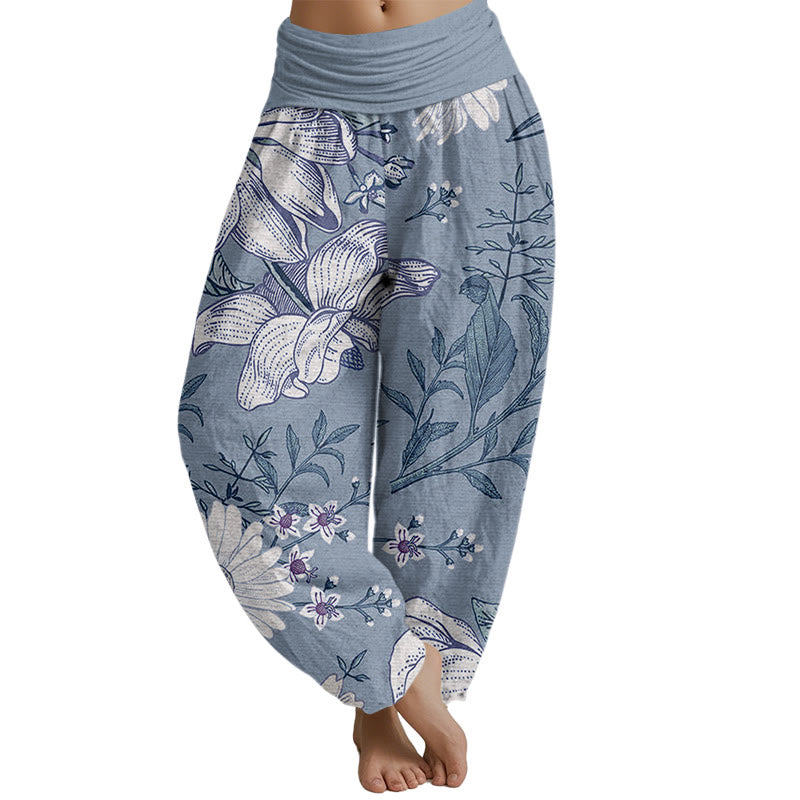 Buddha Stones Daisy White Flowers Pattern Women's Elastic Waist Harem Pants