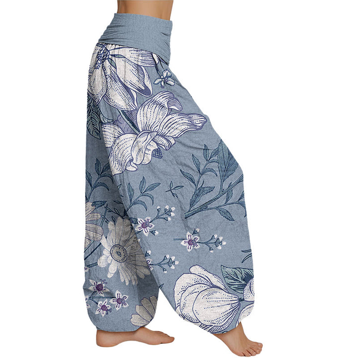 Buddha Stones Daisy White Flowers Pattern Women's Elastic Waist Harem Pants