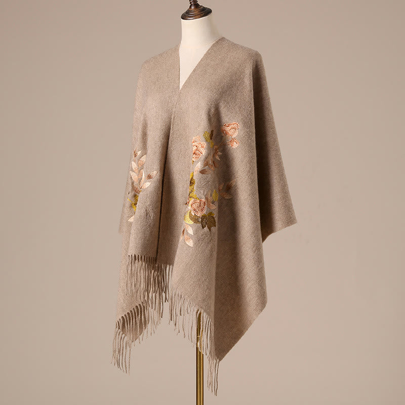 Buddha Stones Wool Shawl White Pink Flowers Golden Leaves Embroidery Tassel Winter Cozy Travel Scarf Wrap - image 4